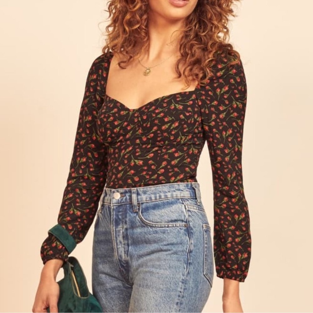 Reformation Black Blouse with Red Floral Pattern